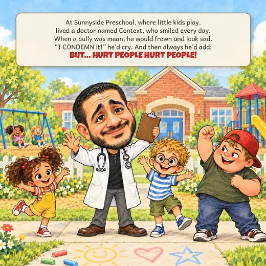 Book page: Dr. Context in front of Sunnyside Preschool, with the first verse