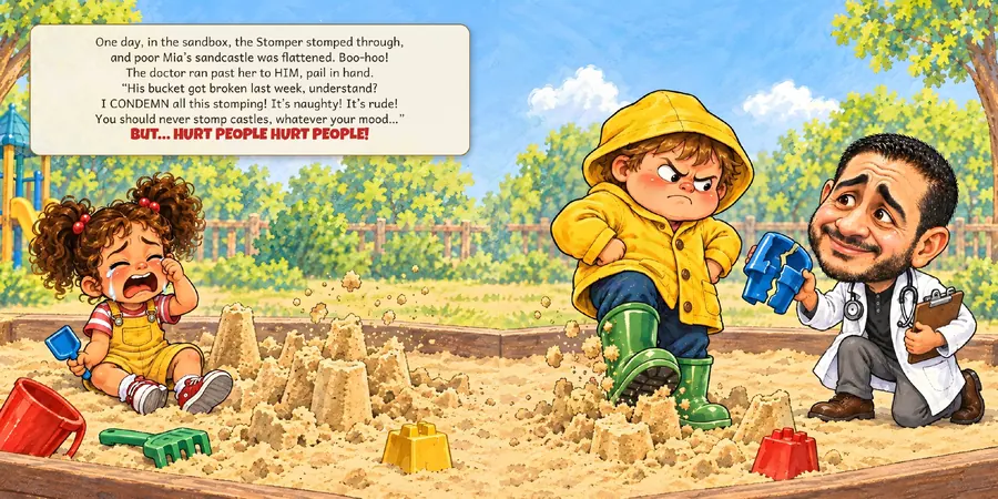 Book spread: the Stomper flattens Mia's sandcastle while the doctor runs to the bully