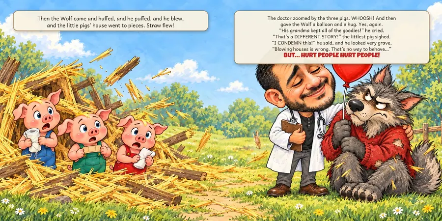 Book spread: the Big Bad Wolf and the three little pigs