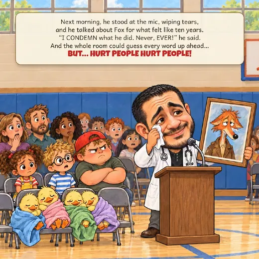 Book page: the doctor at a microphone