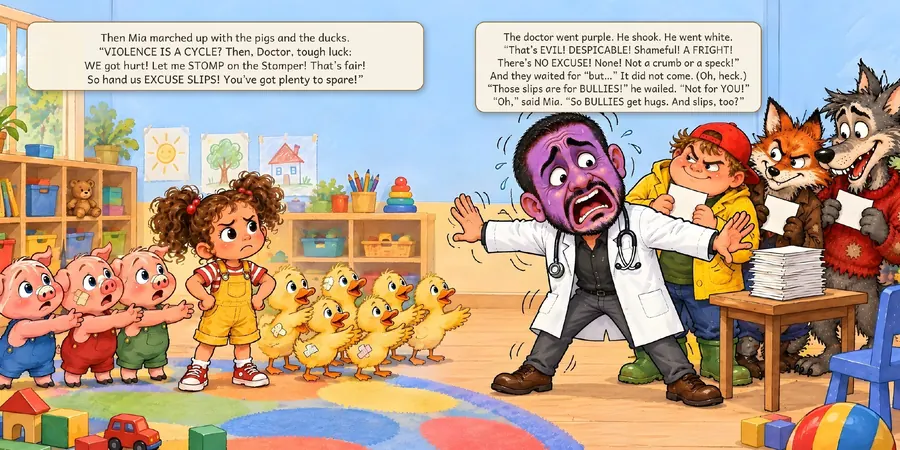 Book spread: the hurt kids ask for excuse slips while the doctor shields the bullies
